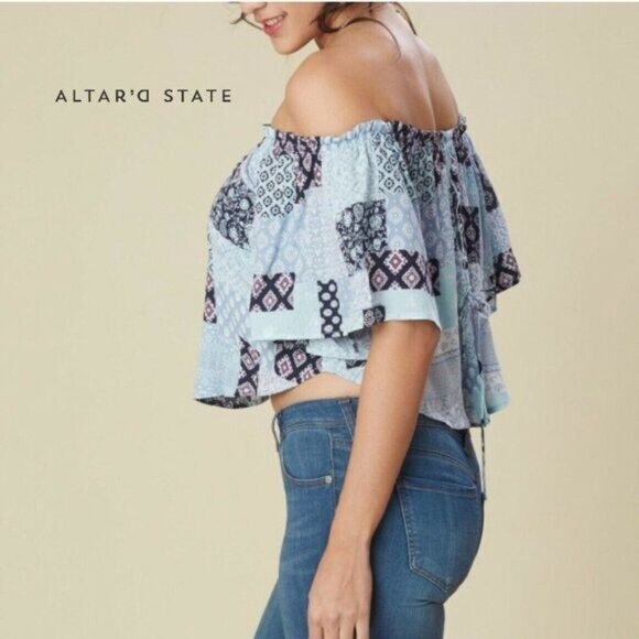 Altar'd State Off Shoulder Patchwork‎ Crop Top Women's Boho Peasant Crop - Picture 2 of 9